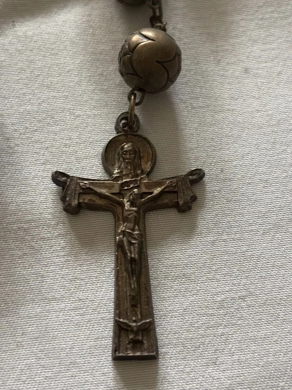 Antique-Style Brass Rosary Beaded Necklace with Crucifix